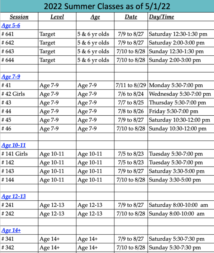 Summer 2022 Session Schedule