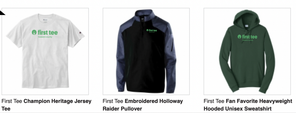 Some of the options available from the First Tee apparel shop